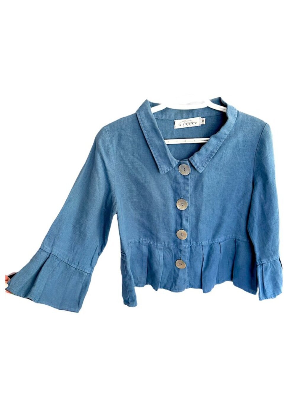 Willow Slate Dusty Blue 100% Linen Peplum Lightweight Jacket Blazer Size Small